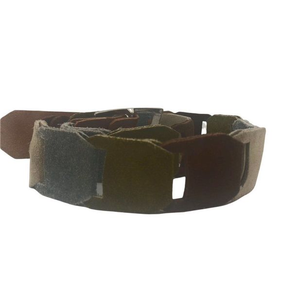 Vintage Boho Hippie Suede Leather Patchwork Block Interlocking Belt Gold Buckle main image 4